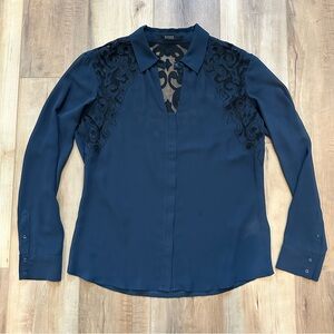 Guess Navy Brocade Eve Long Sleeve Lace Detail Blouse ASO Nina Dobrev M